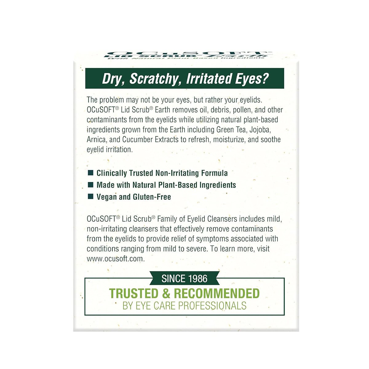 OCuSOFT Lid Scrub Earth Eyelid Cleanser, Natural Plant Based (30ct) - Dryeye Rescue