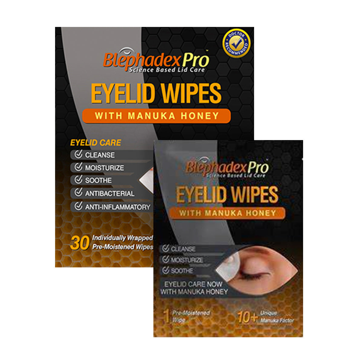 The packaging for Lunovus Blephadex Pro Eyelid Wipes with Manuka Honey highlights benefits like cleansing, moisturizing, soothing, and antibacterial properties. It contains 30 individually wrapped pre-moistened wipes.