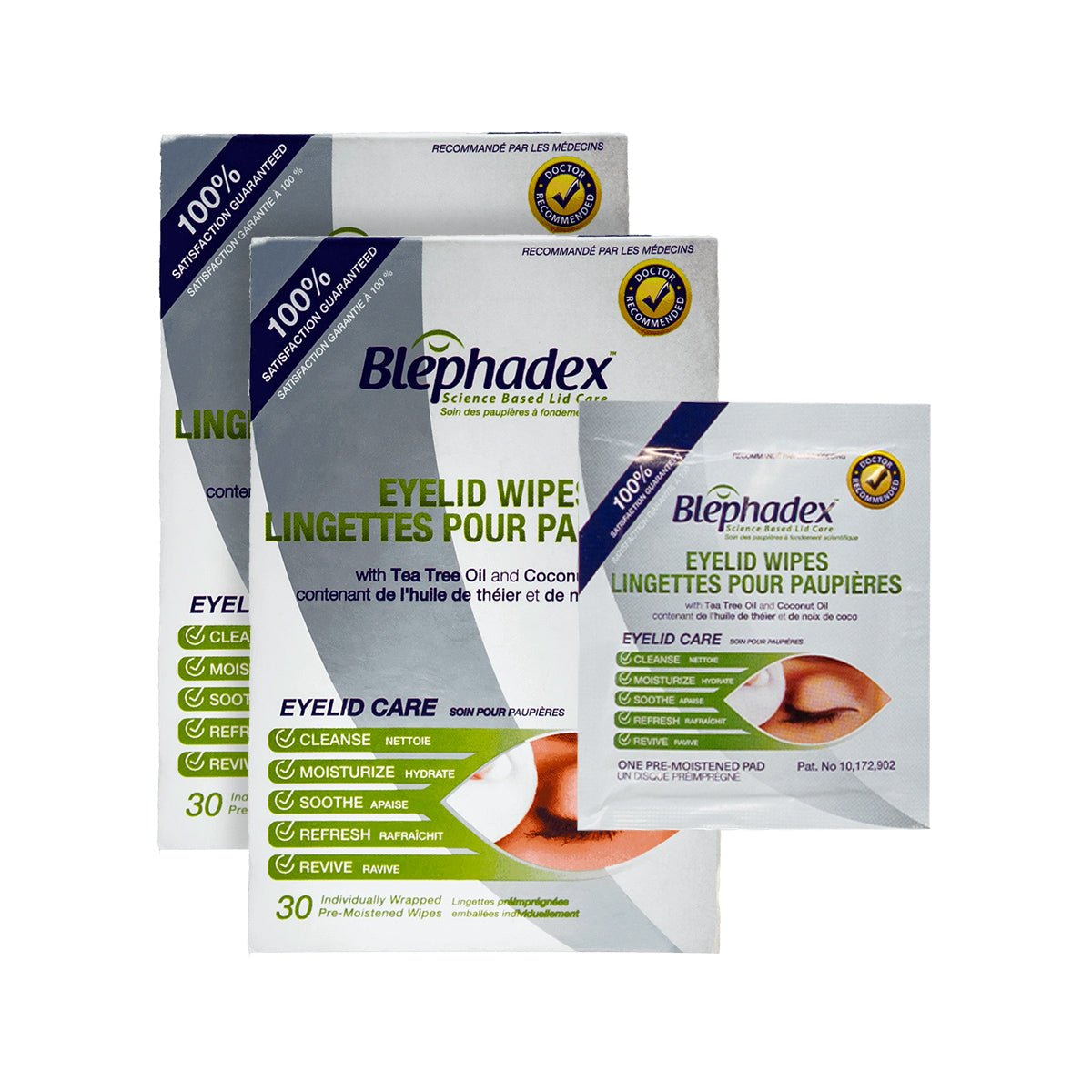 Showcased are two packs of Blephadex Wipes by Lunovus, highlighting tea tree and coconut oil benefits for gentle eyelid care. The packaging promotes cleansing, moisturizing, and soothing effects in refreshing green, white, and blue tones.