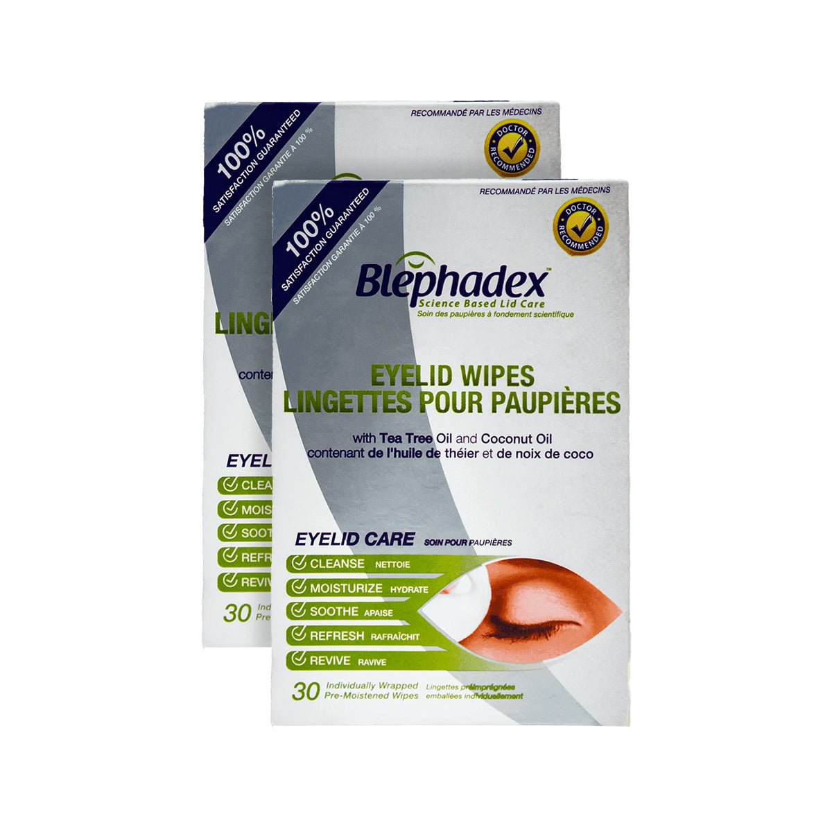 Two boxes of Lunovus Blephadex Wipes (2-pack, 60 wipes total) are infused with tea tree and coconut oil for cleansing and soothing. The bilingual packaging features English and French labels.