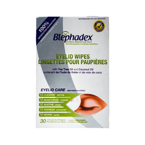 The Lunovus Blephadex Eyelid Wipes with Tea Tree and Coconut Oil offer eye itch relief and superior eyelid hygiene. The wipes cleanse, moisturize, soothe, refresh, and revive eyes with 30 pre-moistened wipes for one month of use.