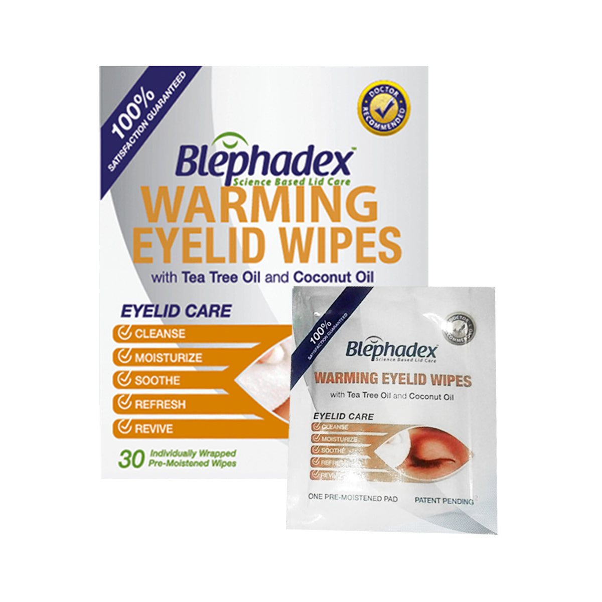 The packaging for Lunovus Blephadex Warming Eyelid Wipes (1 month Box of 30) touts optimal eyelid hygiene with tea tree oil and coconut oil. It highlights benefits—cleanse, moisturize, soothe, refresh, revive—and features an image of a single individually wrapped pre-moistened pad.