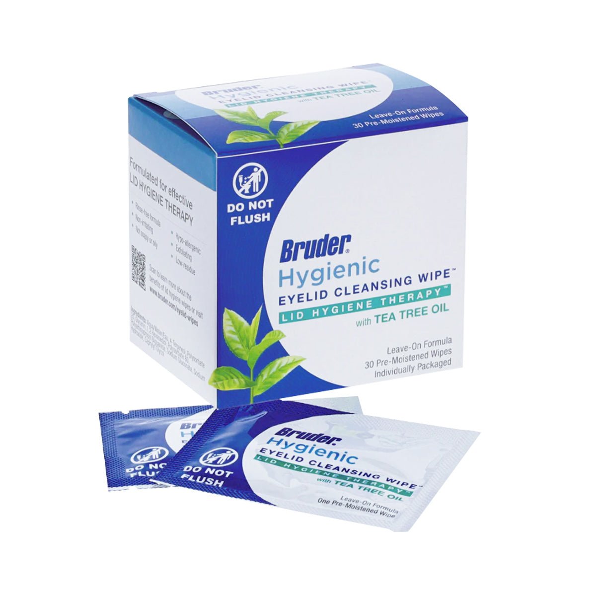 Bruder Hygienic Eyelid Cleansing Wipes with Tea Tree Oil (30ct) include a box and two individual packets. The design highlights DO NOT FLUSH and features green leaves on a blue and white background, perfect for soothing eye irritation.