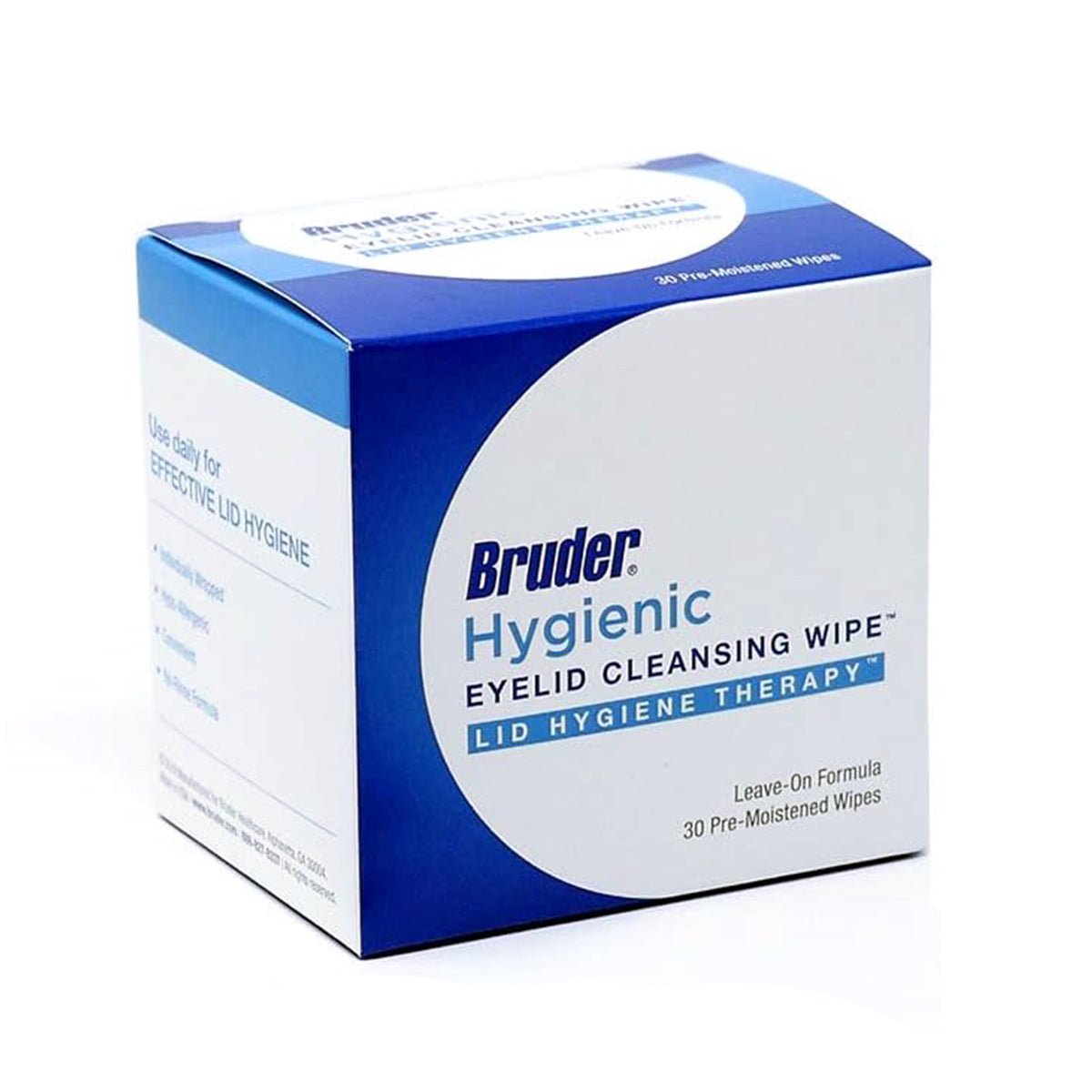 A blue and white box labeled Bruder Hygienic Eyelid Cleansing Wipes - 30 Pre-Moistened Wipes sits on a white background, offering lid hygiene therapy with a leave-on formula designed for ocular health, ideal for individuals with dry eyes.