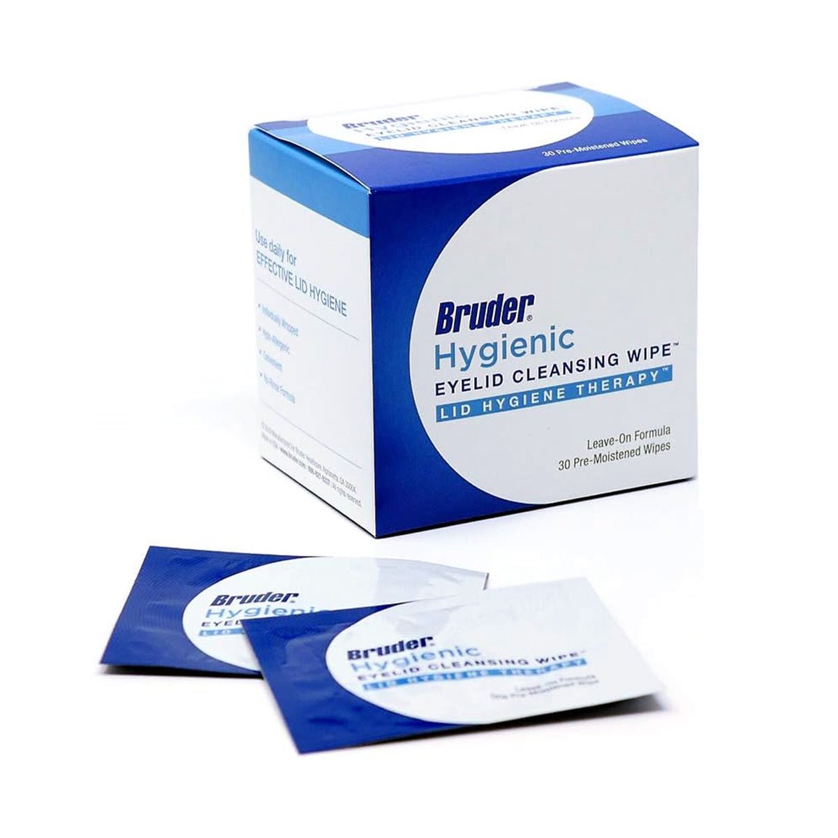 The Bruder Hygienic Eyelid Cleansing Wipes box showcases ocular health benefits with two individual packets in front, containing 30 pre-moistened wipes for effective lid hygiene therapy.