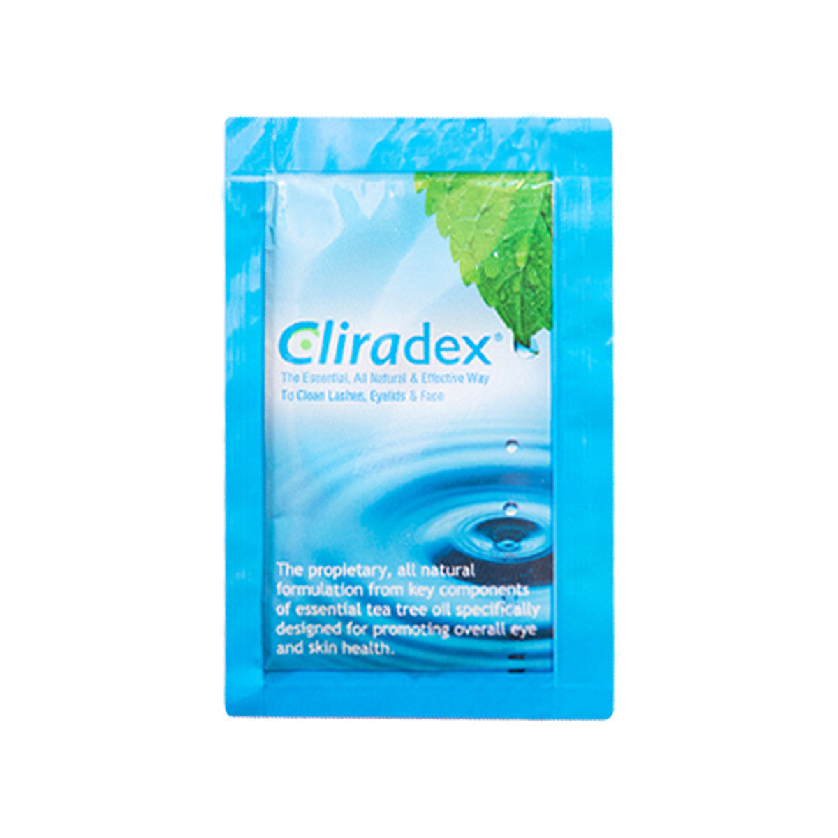 The Cliradex Wipes packaging by PRN features a green leaf with water droplets in a blue pool. It reads: Naturally Fresh, Healthy Eyes. Each pack, designed for ocular hygiene, includes 24 individually wrapped towelettes (1.4g each) effective against Demodex mites.