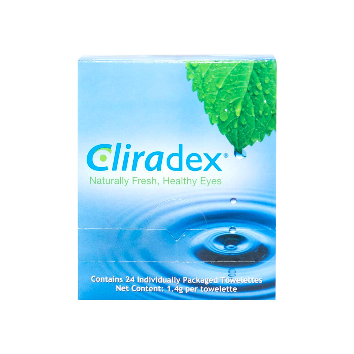 The Cliradex Wipes packaging by PRN features a green leaf with water droplets in a blue pool. It reads: Naturally Fresh, Healthy Eyes. Each pack, designed for ocular hygiene, includes 24 individually wrapped towelettes (1.4g each) effective against Demodex mites.