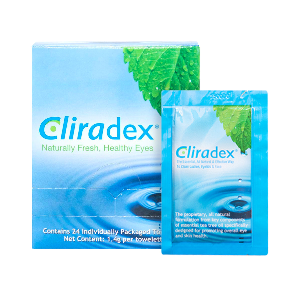 The image shows a PRN Cliradex Wipes box and a single sachet. This ocular hygiene product, featuring tea tree oil extract, has a light blue box with green leaves and water droplets. It promises Naturally Fresh, Healthy Eyes and includes 24 towelettes for combating Demodex mites.