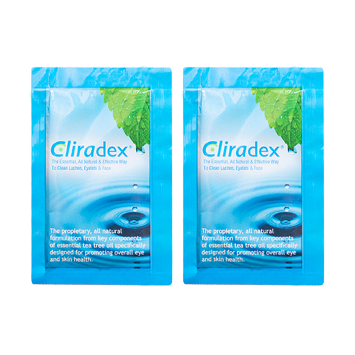 Two Cliradex Wipes 2-pack by PRN, featuring tea tree oil extract for ocular hygiene, are shown side by side. The blue packets, with a water droplet and green leaf design, emphasize natural formulation for cleaning eyelashes, eyelids, and face while addressing Demodex mites.