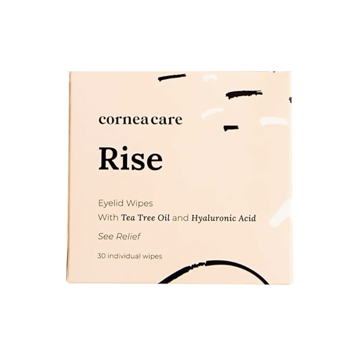 Square beige box with CorneaCare Wipes in black displays benefits of eyelid hygiene with Tea Tree Oil and Hyaluronic Acid. Bottom says See Relief and includes 30 individual wipes, featuring minimalist abstract black and white designs.