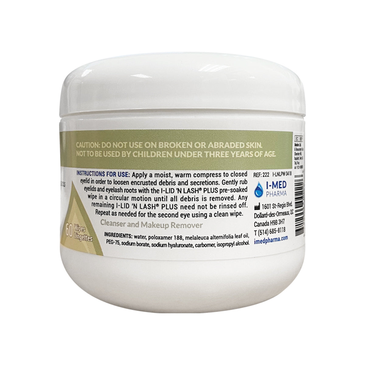 The I-Med Pharma I-LID ’N LASH® PLUS white plastic container with a label lists hypoallergenic ingredients, usage instructions, and warnings. The white lid secures 60 Tea Tree Oil pads for cleansing and makeup removal. Ideal as an eyelid cleanser; avoid use on broken skin and by children under three.