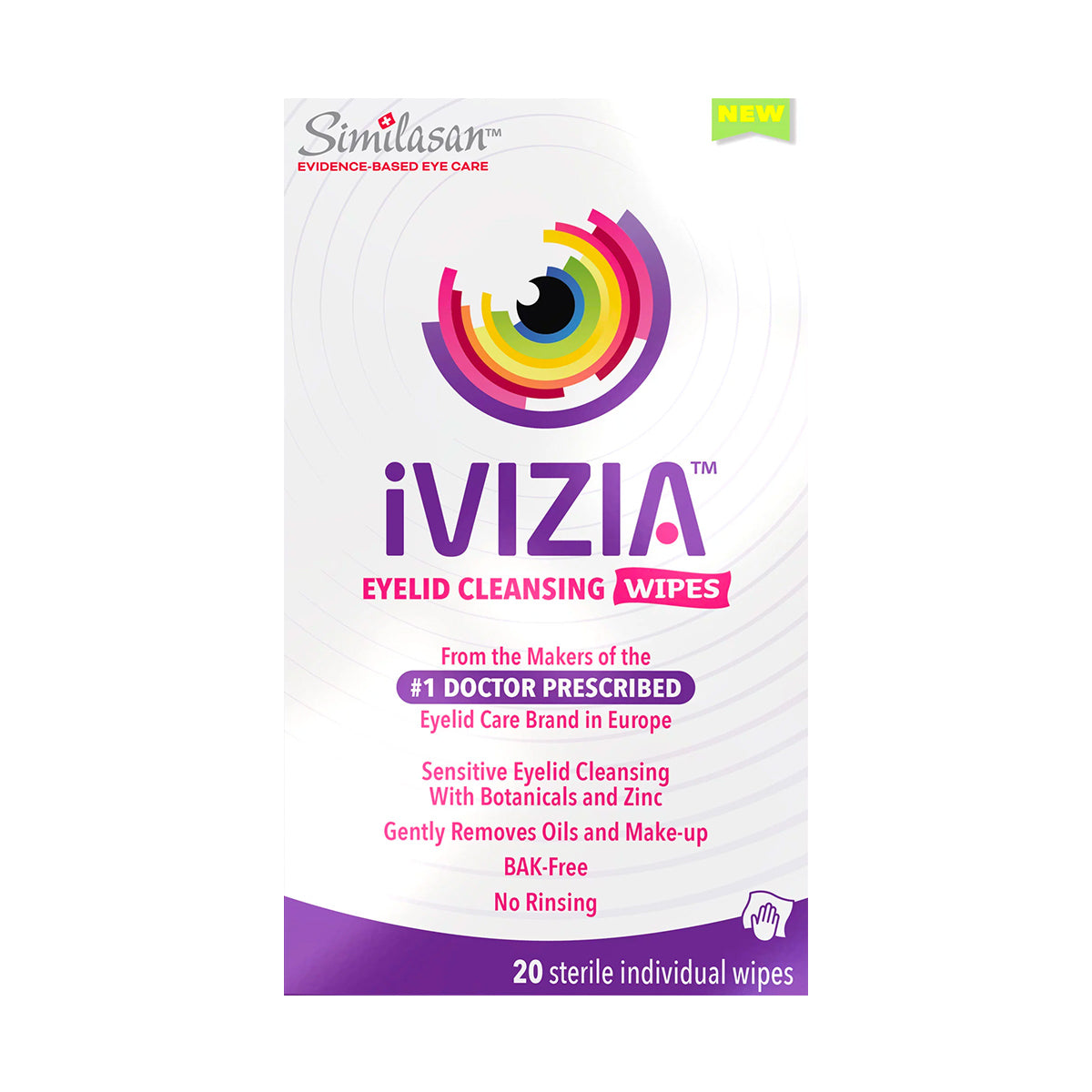 Image of Theas iVIZIA Eyelid Cleansing Wipes box, Europes #1 doctor-prescribed brand for eyelid hygiene. Ideal for sensitive eyes, its preservative-free and features botanicals with zinc. No rinsing required and includes 20 sterile, individual wipes.