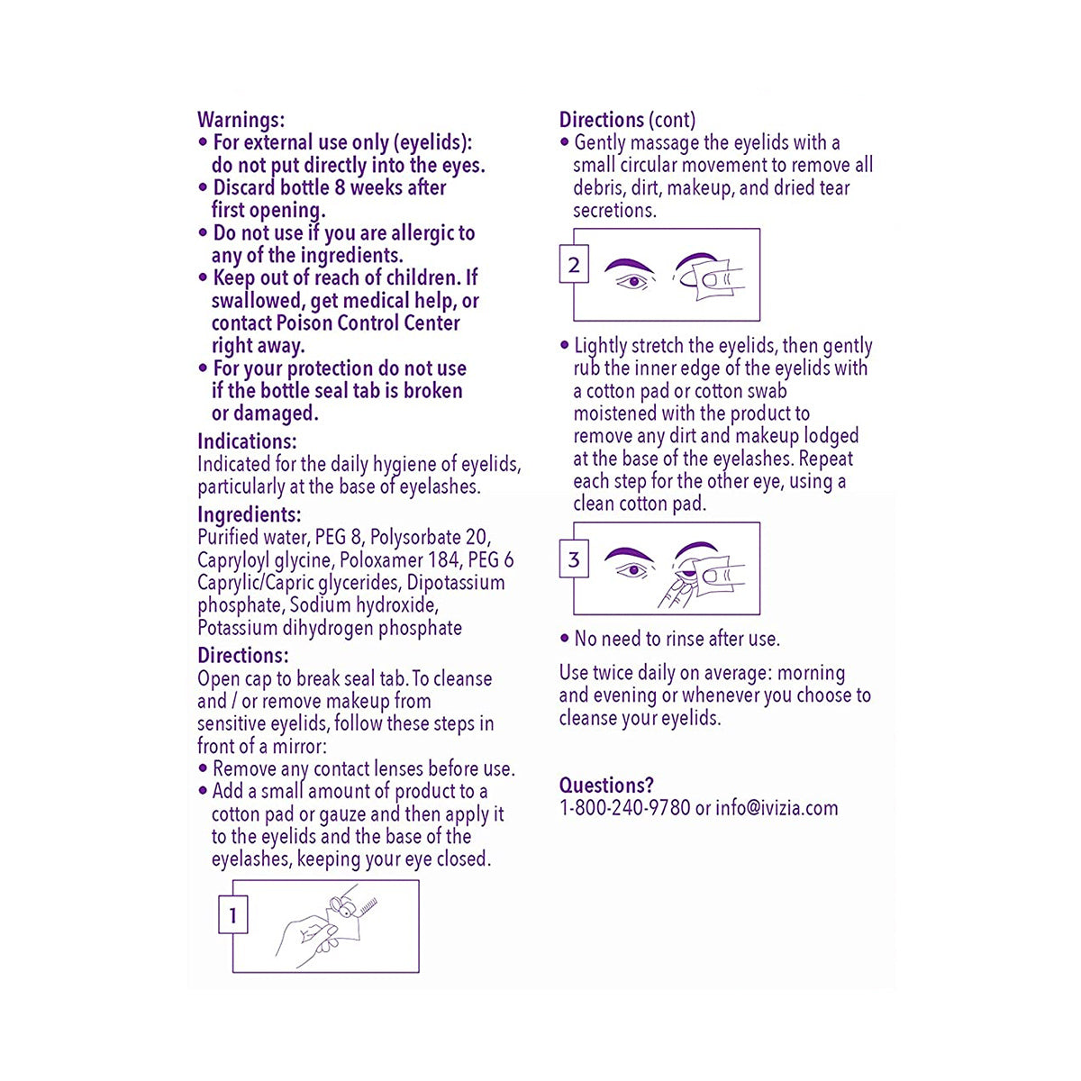 Instructions for iVIZIA Eyelid Cleansing Wipes by Thea: 1) Gently massage pads on sensitive eyes to remove debris; 2) Softly cleanse eyelids; 3) No rinsing needed. Contains warnings, ingredients, and contact info for optimal hygiene.