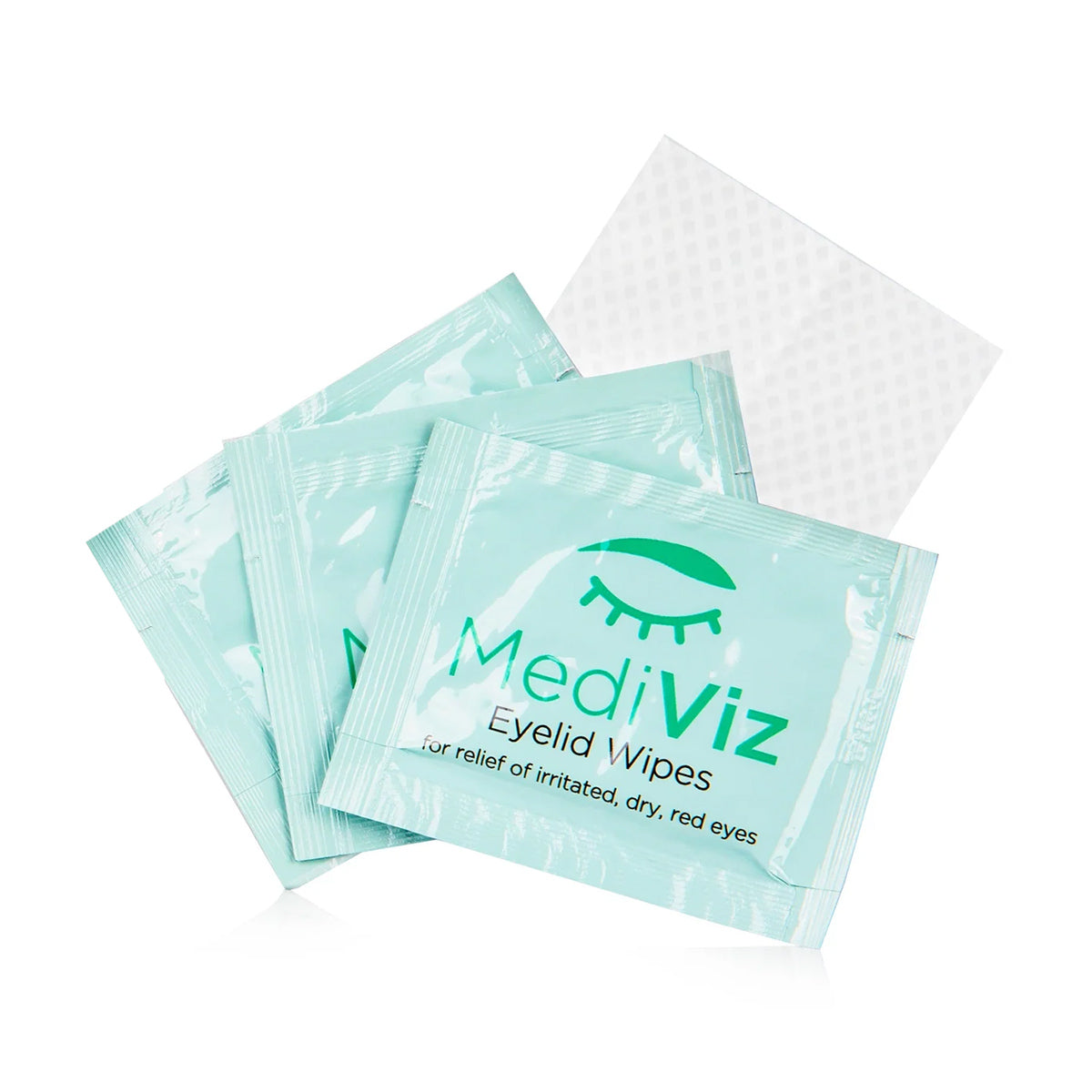 Three teal packets of PRNs MediViz Eyelid Cleansing Wipes (No Tea Tree Oil) are shown, with one partially visible. The packaging highlights relief for irritated, dry, red eyes and promotes eye health while being perfect for gently removing makeup.