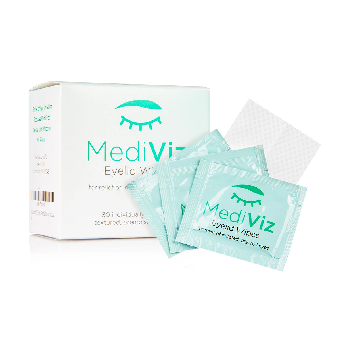 The image shows a box of PRN - Physician Recommended Nutriceuticals MediViz Eyelid Cleansing Wipes. The white box with a teal design and eye icon holds individual teal packets, perfect for soothing inflamed eyes or gently removing makeup.