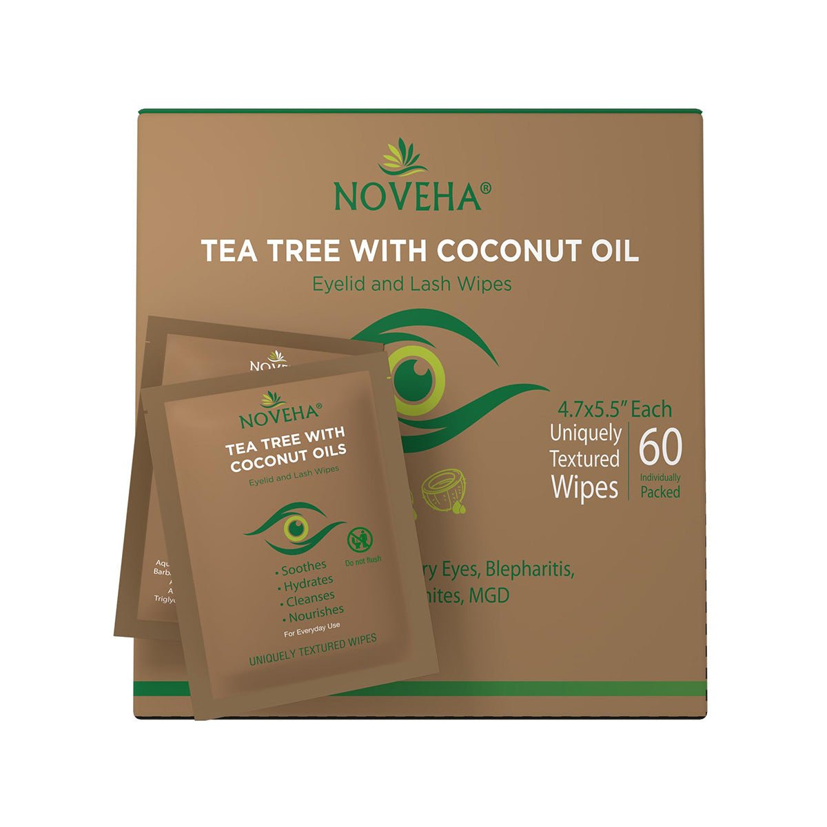 Noveha Tea Tree & Coconut Oil for Eyelid Wipes with Aloe Vera (60ct) - Dryeye Rescue