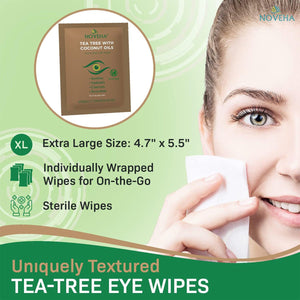 The packaging of Noveha Tea Tree & Coconut Oil Eyelid Wipes with Aloe Vera (60ct) is shown, featuring extra-large, individually wrapped sterile wipes. In the background, a person uses a wipe on their cheek as graphics display dimensions and boxes.
