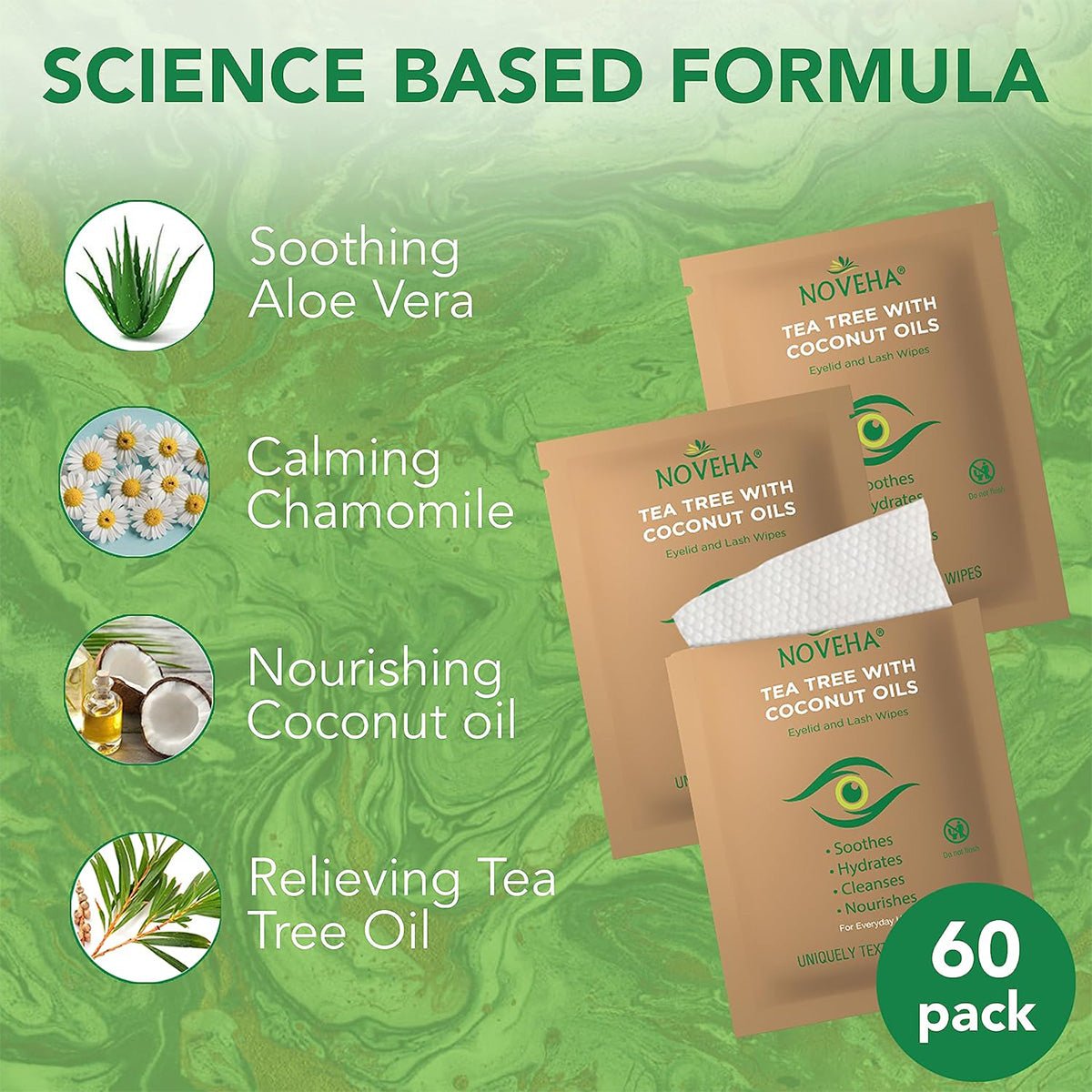 A promotional image for Novehas Tea Tree & Coconut Oil Eyelid Wipes (60ct) showcases two packets highlighting soothing aloe vera, calming chamomile, nourishing coconut oil, and relieving tea tree oil against a green marbled background.