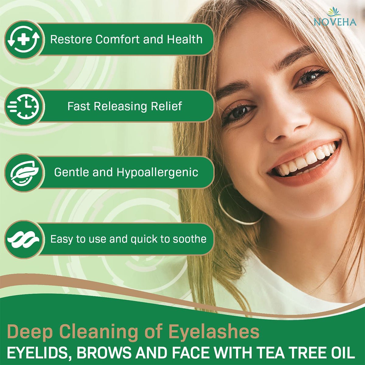A smiling person beside text highlights: Restore Comfort and Health, Fast Releasing Relief, Gentle and Hypoallergenic, and Easy to use and quick to soothe. Heading: Noveha Tea Tree & Coconut Oil for Eyelid Wipes with Aloe Vera (60ct) offers deep cleaning for lashes, lids, brows, and face. Logo included.