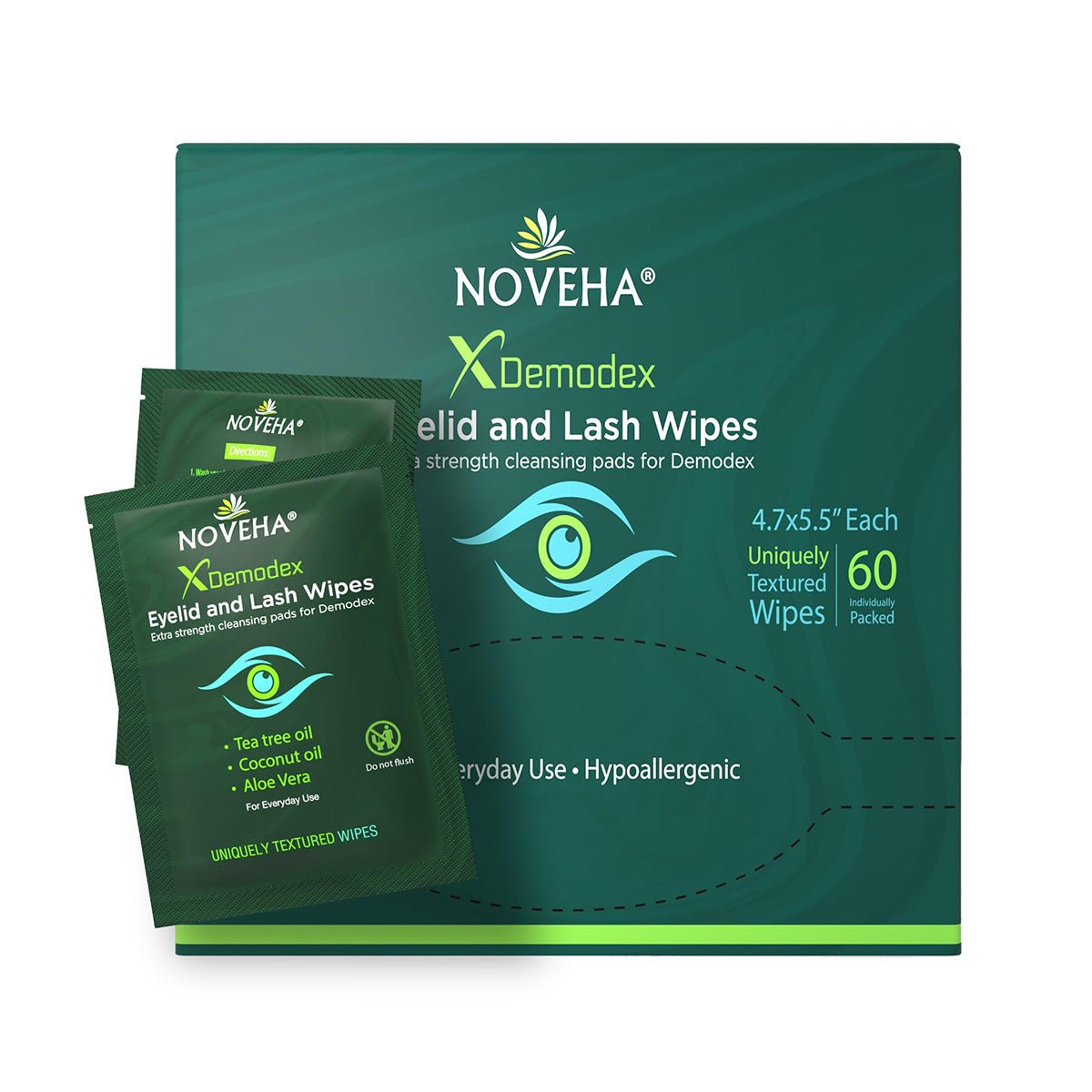 A green box labeled Noveha Anti-Demodex Eyelid & Lash Wipes (60ct) is shown with two teal packets. These textured, hypoallergenic wipes contain tea tree oil, coconut oil, and aloe vera to soothe eye irritations.