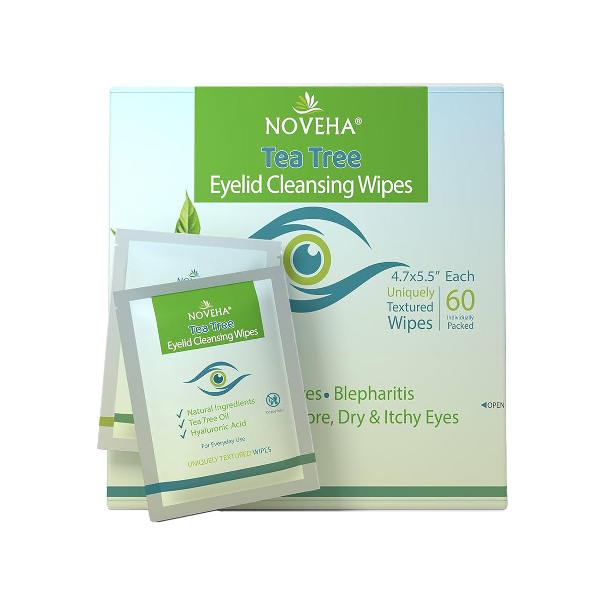 NOVEHA Tea Tree Oil Eyelid & Lash Wipes | With HA, Green Tea & Chamomile For Blepharitis, Itchy & Styes 60 Pcs - Dryeye Rescue