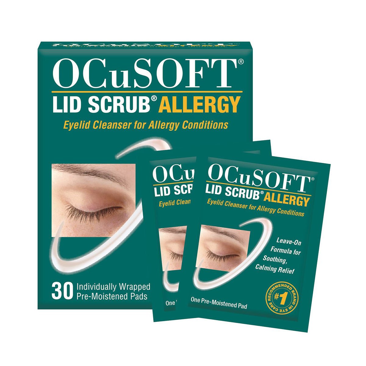 Packaging for Ocusoft Lid Scrub Allergy Eyelid Cleanser (30 Wipes) by OCuSOFT, featuring individually wrapped pre-moistened pads ideal for removing pollen gently. The design includes an image of a closed eye.