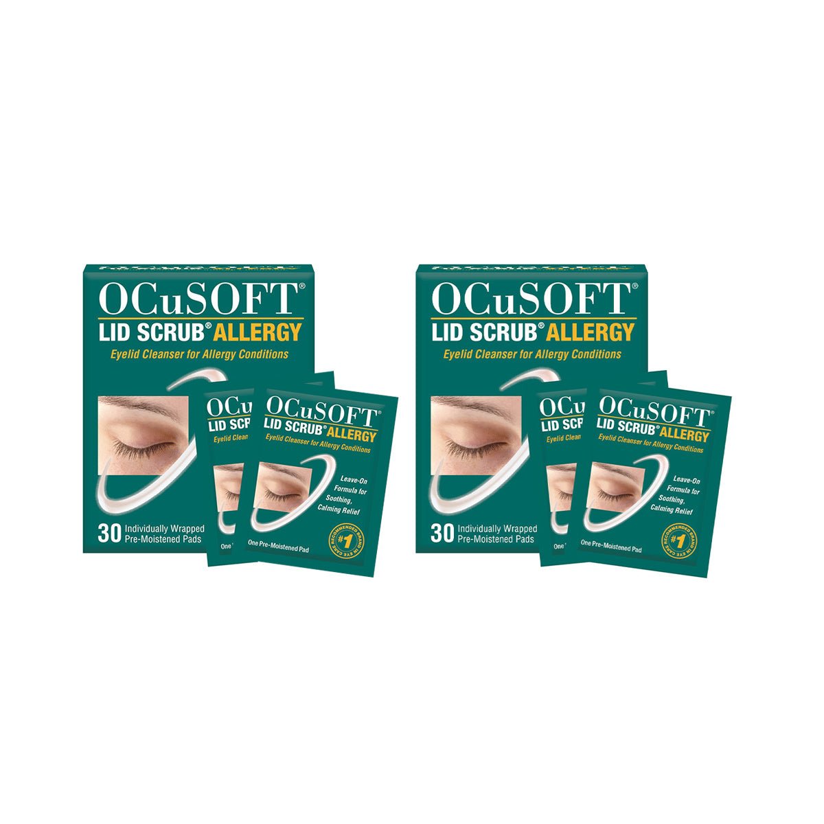 The image displays OCuSOFTs Ocusoft Lid Scrub Allergy Eyelid Cleanser 2-Pack, featuring two boxes of 30 pre-moistened pads each, designed for soothing allergy-prone eyelids. The packaging includes an image of a closed eye.