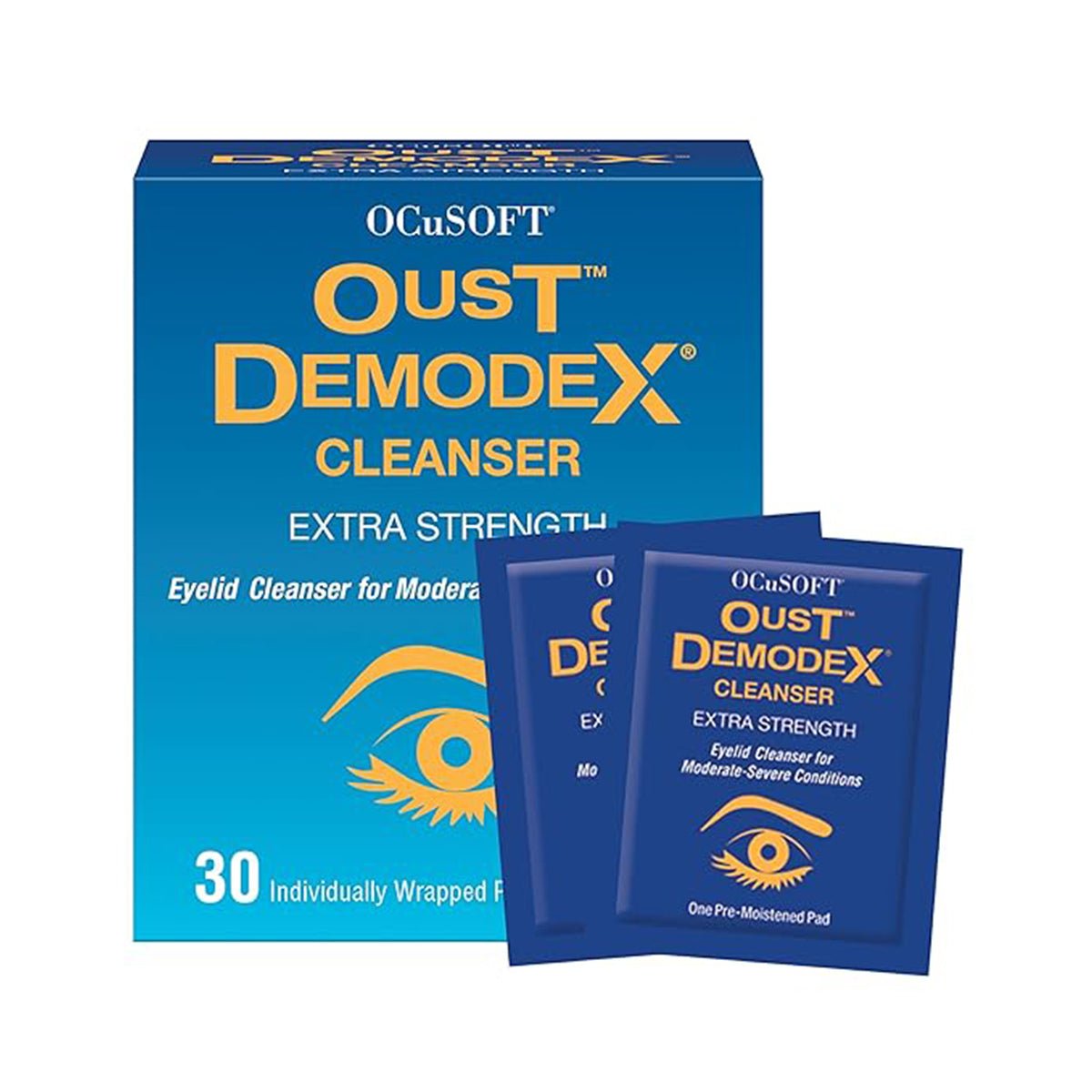 The image shows a blue box of OCuSOFT Oust Demodex Cleanser Pre-Moistened Pads (30ct) with Extra Strength for moderate to severe conditions, featuring tea tree oil. In front of the box are two individually wrapped pads.