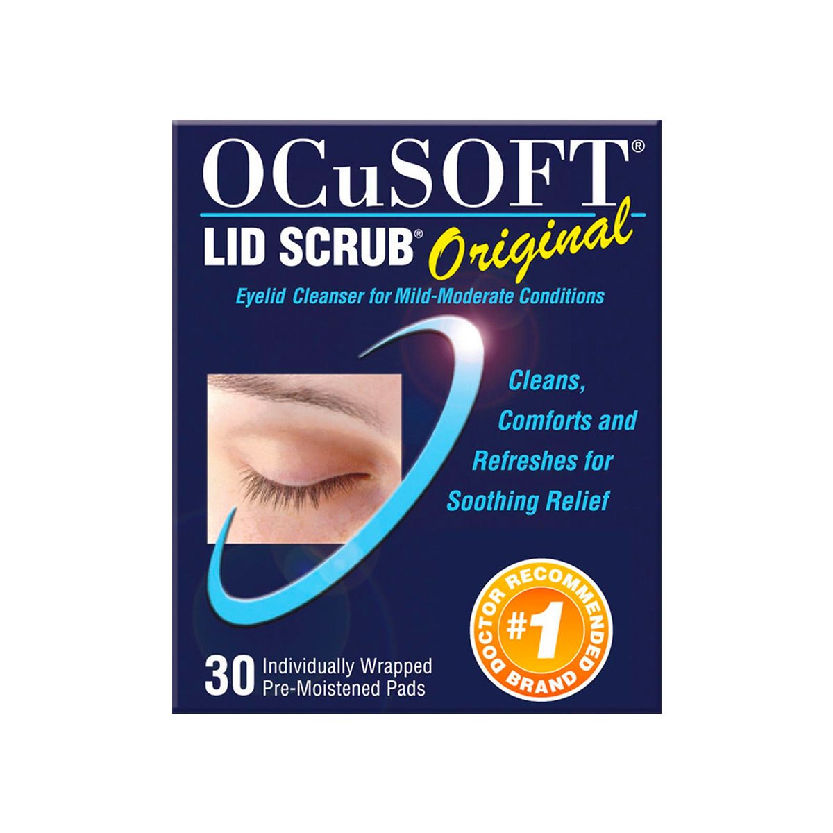 An image of the OCuSOFT Lid Scrub Original Wipes (30ct) box, noted for eyelid hygiene. It cleanses, comforts, and refreshes for soothing relief. The doctor-recommended packaging claims its the number one brand for contact lens comfort, featuring 30 individually wrapped pre-moistened pads.