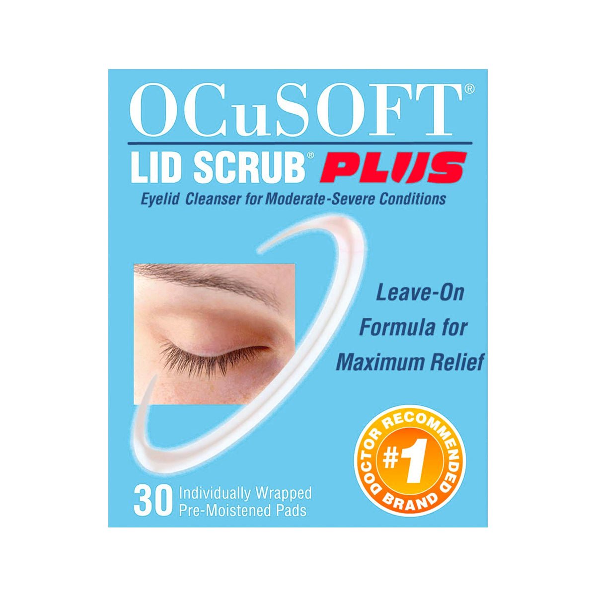 An image of the OCuSOFT Lid Scrub Plus box highlights its extra strength as an eyelid cleanser for moderate to severe conditions. The box shows a closed eye and mentions a leave-on formula, containing 30 individually wrapped pre-moistened pads.