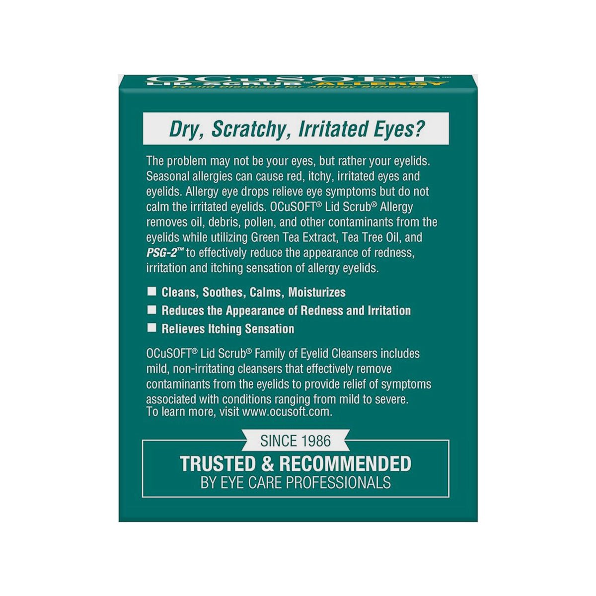 The box image of OCuSOFT Lid Scrub Allergy Eyelid Cleanser (30 Wipes) highlights cleansing pads that soothe irritated eyes with Green Tea Extract and Tea Tree Oil, offering pollen removal and allergy relief while cleansing, calming, and relieving itching.