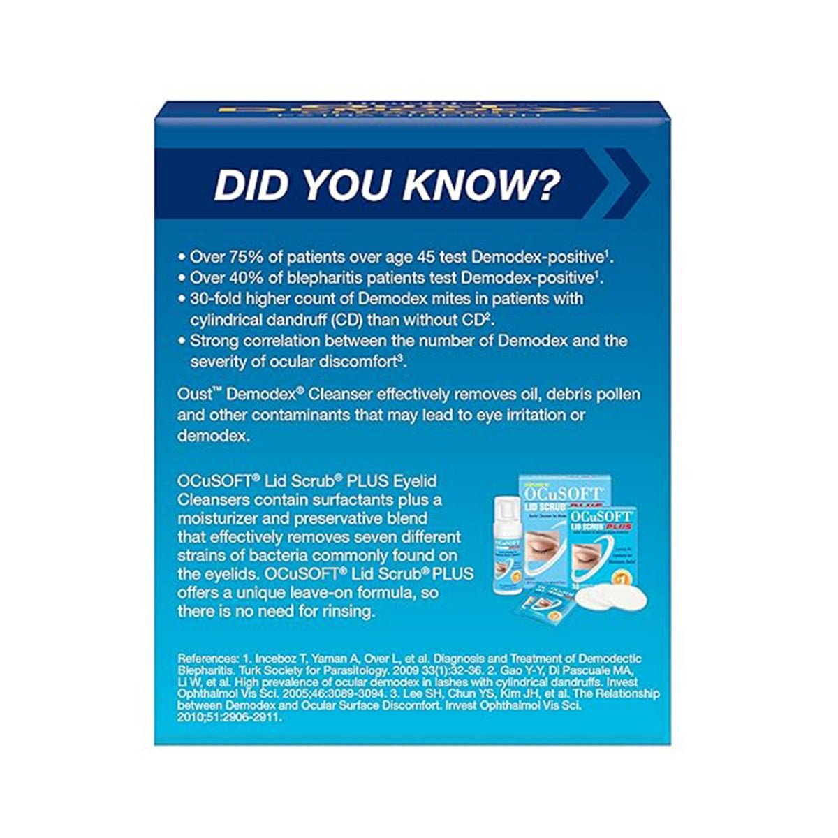 A blue box discusses Demodex mites, revealing that over 75% of patients over 45 test positive. It highlights the benefits of OCuSOFT Oust Demodex Cleanser Pre-Moistened Pads (30ct), an effective eyelid cleanser with tea tree oil from OCuSOFT, in reducing symptoms and discomfort.