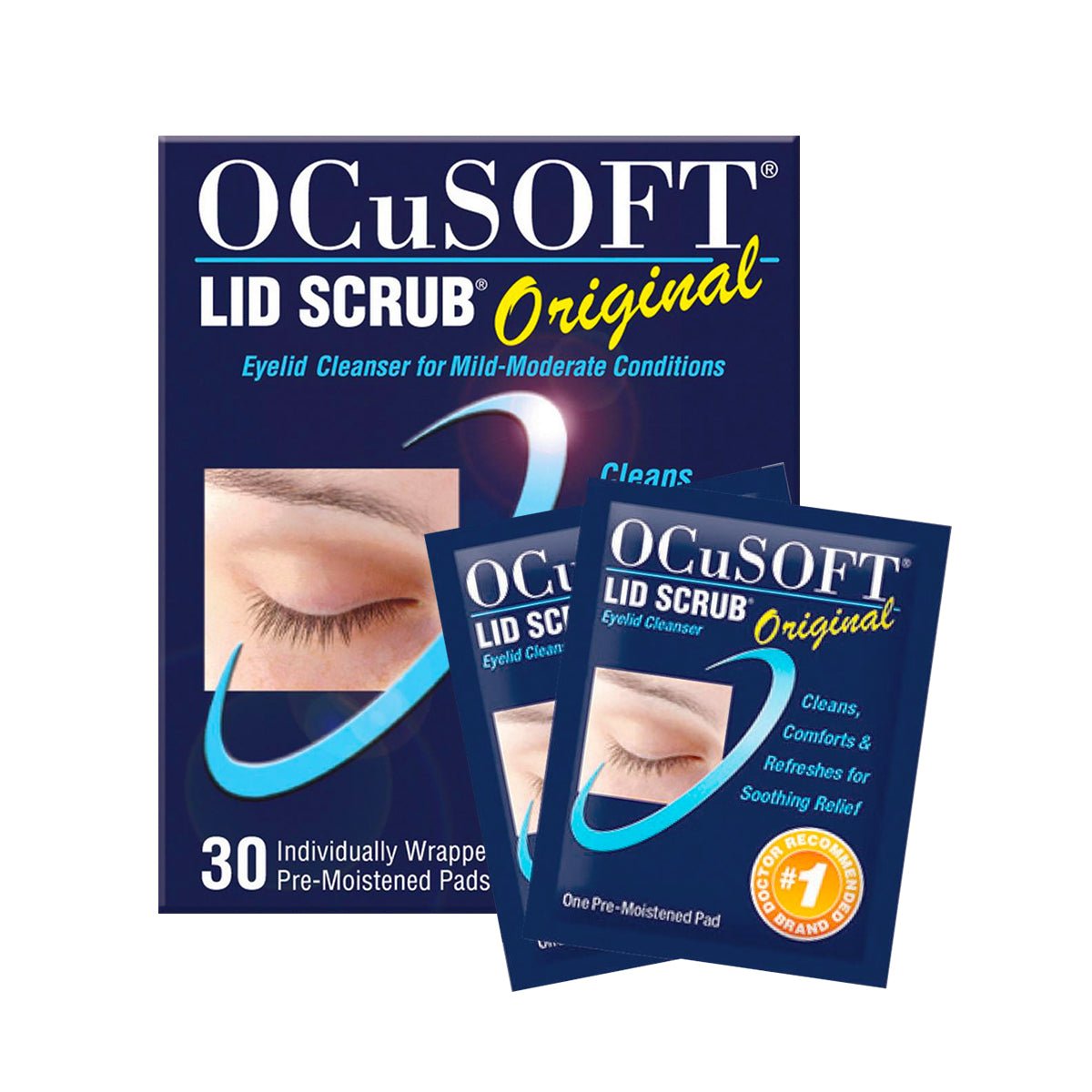 The OCuSOFT Lid Scrub Original Wipes 30ct packaging, in a blue and white design with an eye image, showcases the product as ideal for eyelid hygiene and contact lens comfort, featuring 30 individually wrapped pre-moistened pads for mild to moderate conditions.