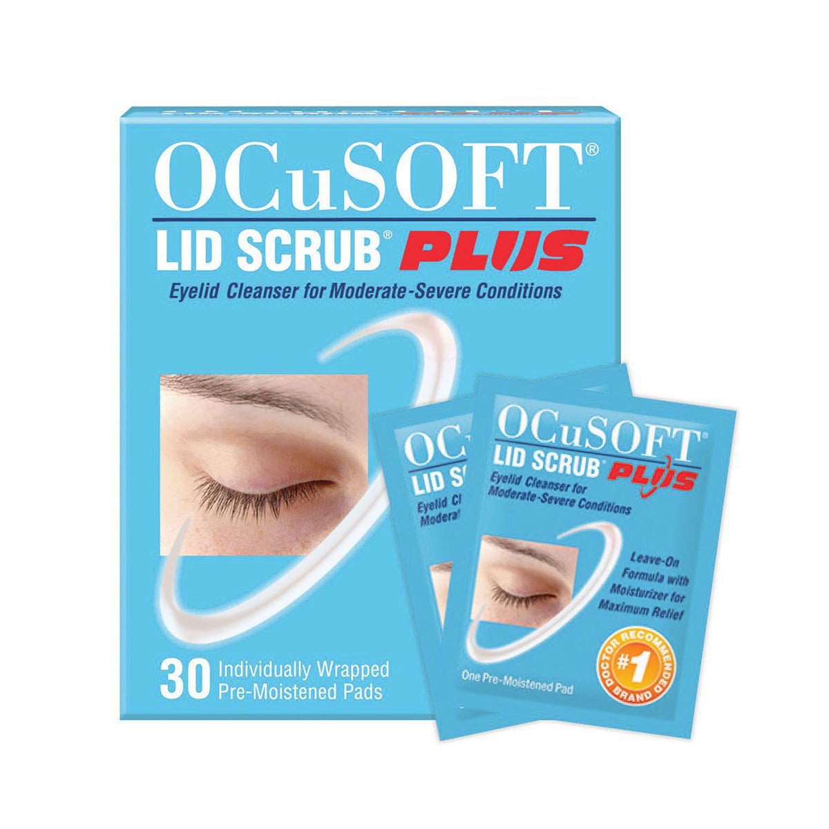 Image of an OCuSOFT box and two packets of Ocusoft Lid Scrub Plus 30 Pre-Moistened Pads. The light blue box, displaying a closed eye, presents this extra strength formula as an eyelid cleanser for moderate to severe conditions.