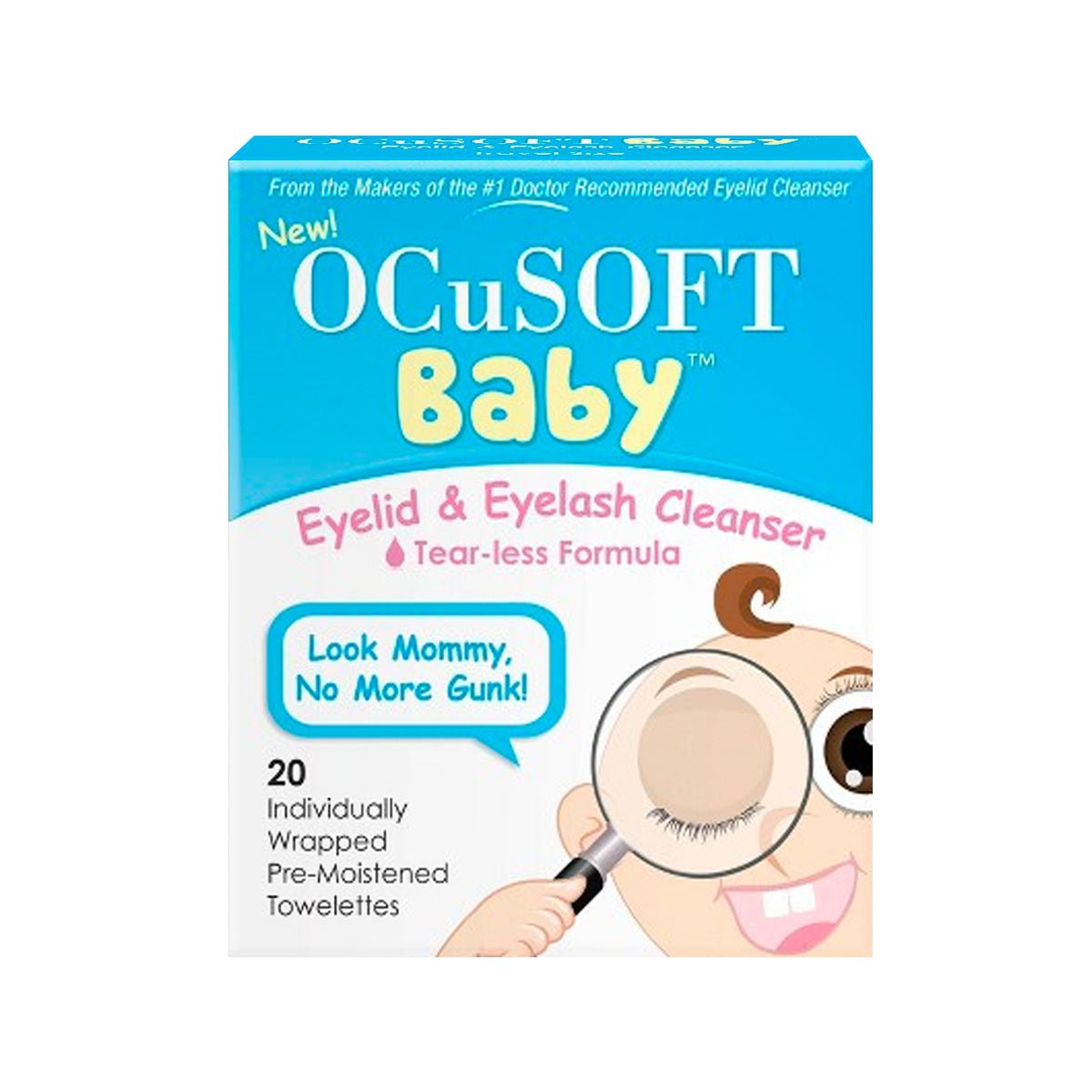 The OCuSOFT Baby Eyelid & Eyelash Cleanser packaging features a cartoon baby with a magnifying glass and emphasizes the tear-less formula. It contains 20 individually wrapped pre-moistened towelettes, ideal for gentle cleansing.