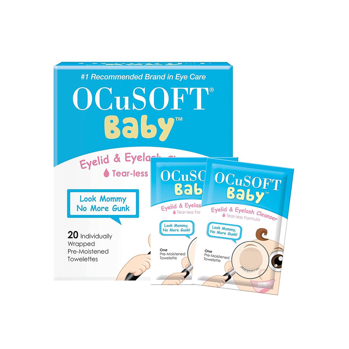 The OCuSOFT Baby Eyelid & Eyelash Cleanser (20 Wipes) comes in a blue and white box adorned with cute baby illustrations, emphasizing its tear-less formula.