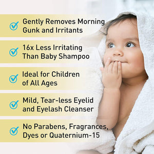 Beside a baby wrapped in a towel, text highlights the OCuSOFT Baby Eyelid & Eyelash Cleanser benefits: it gently removes morning gunk and irritants, is 16x less irritating than baby shampoo with a tear-free formula, and contains no parabens, fragrances, dyes, or quaternium-15. Suitable for all ages.
