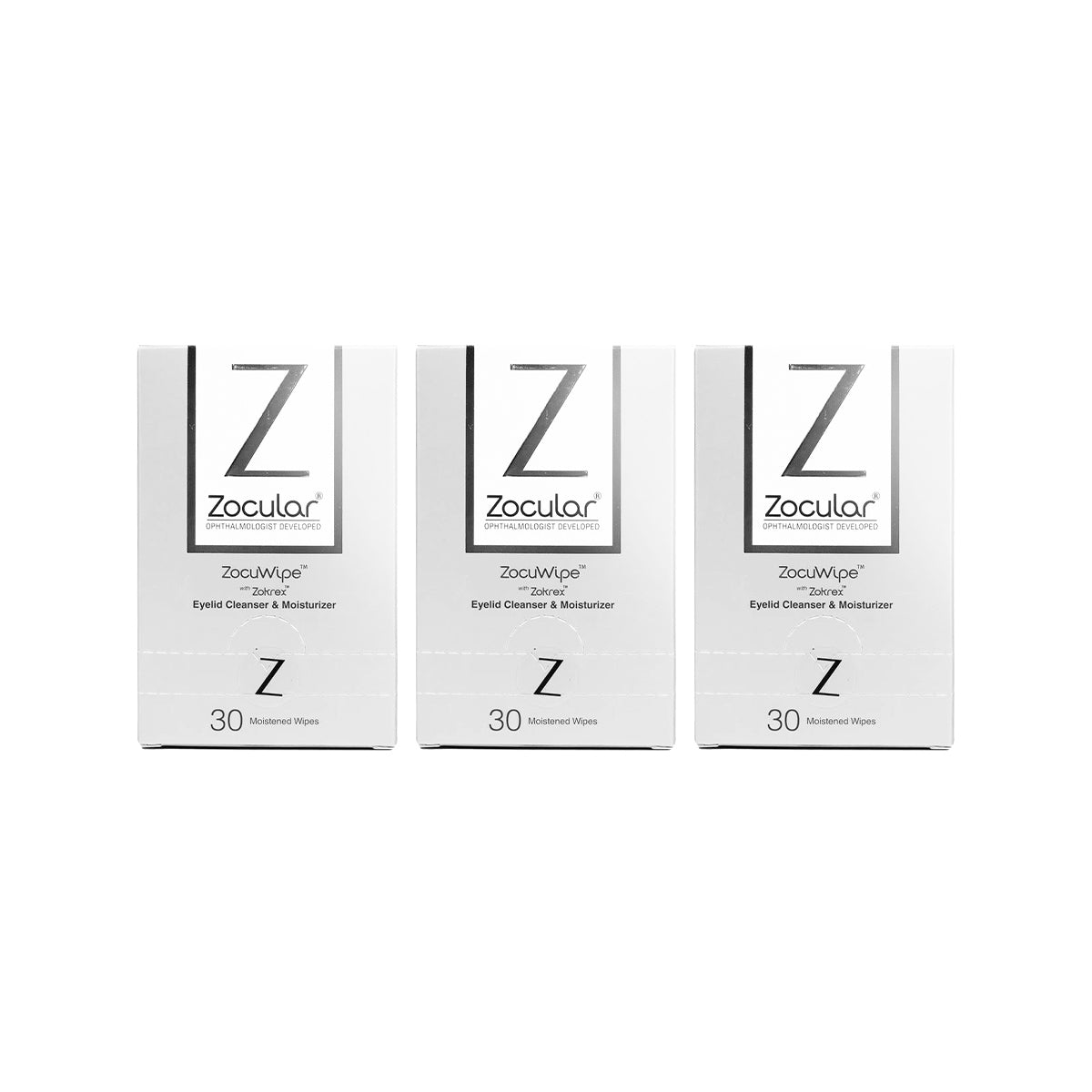 Three boxes of Zocular ZocuWipe 3-pack Eyelid Cleanser and Moisturizer, offering a 90-day supply with Okra Advanced Relief for dry eyes, are neatly aligned against a white background. Each box contains 30 moistened wipes totaling 90 wipes.