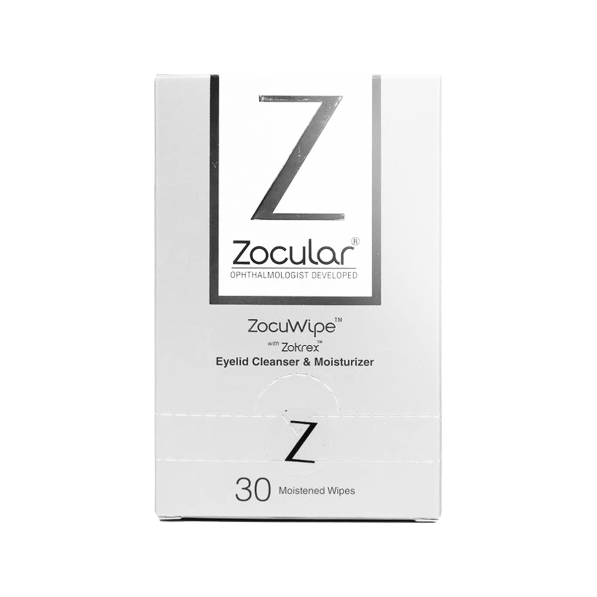 Zoculars ZocuWipe Eyelid Wipes offer gentle, okra-infused cleansing for dry eye relief and blepharitis. The sleek white package with black and gray text features a prominent Z on top. Includes 30 moistened wipes.