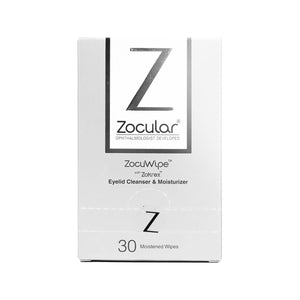 Zoculars ZocuWipe Eyelid Wipes offer gentle, okra-infused cleansing for dry eye relief and blepharitis. The sleek white package with black and gray text features a prominent Z on top. Includes 30 moistened wipes.