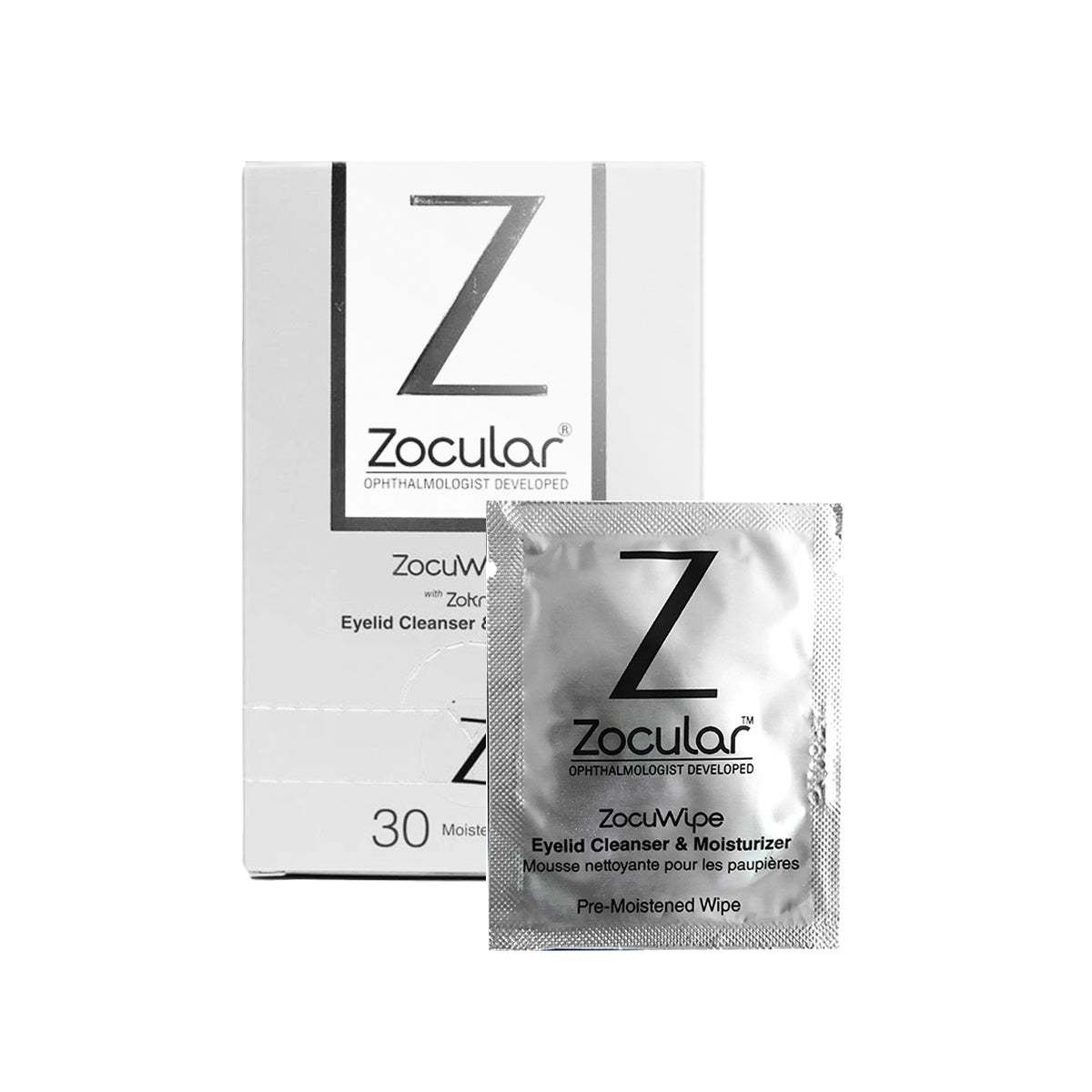 Discover Zoculars ZocuWipe Eyelid Wipes, featuring an okra-infused formula to soothe dry eyes and blepharitis. The pack includes 30 pre-moistened wipes, each showcasing the iconic Z and the slogan Ophthalmologist Developed.