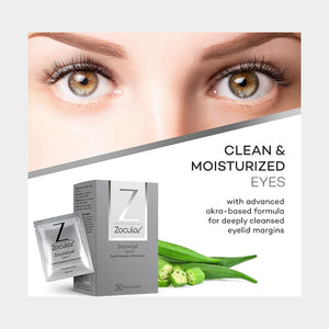 Close-up of moisturized eyelids alongside a Zocular box showing okra. Text reads: Clean & Moisturized Eyes with ZocuWipe Eyelid Wipes—gentle, okra-infused cleansing for deeply cleaned eyelid margins, ideal for relief from dry eyes and blepharitis.