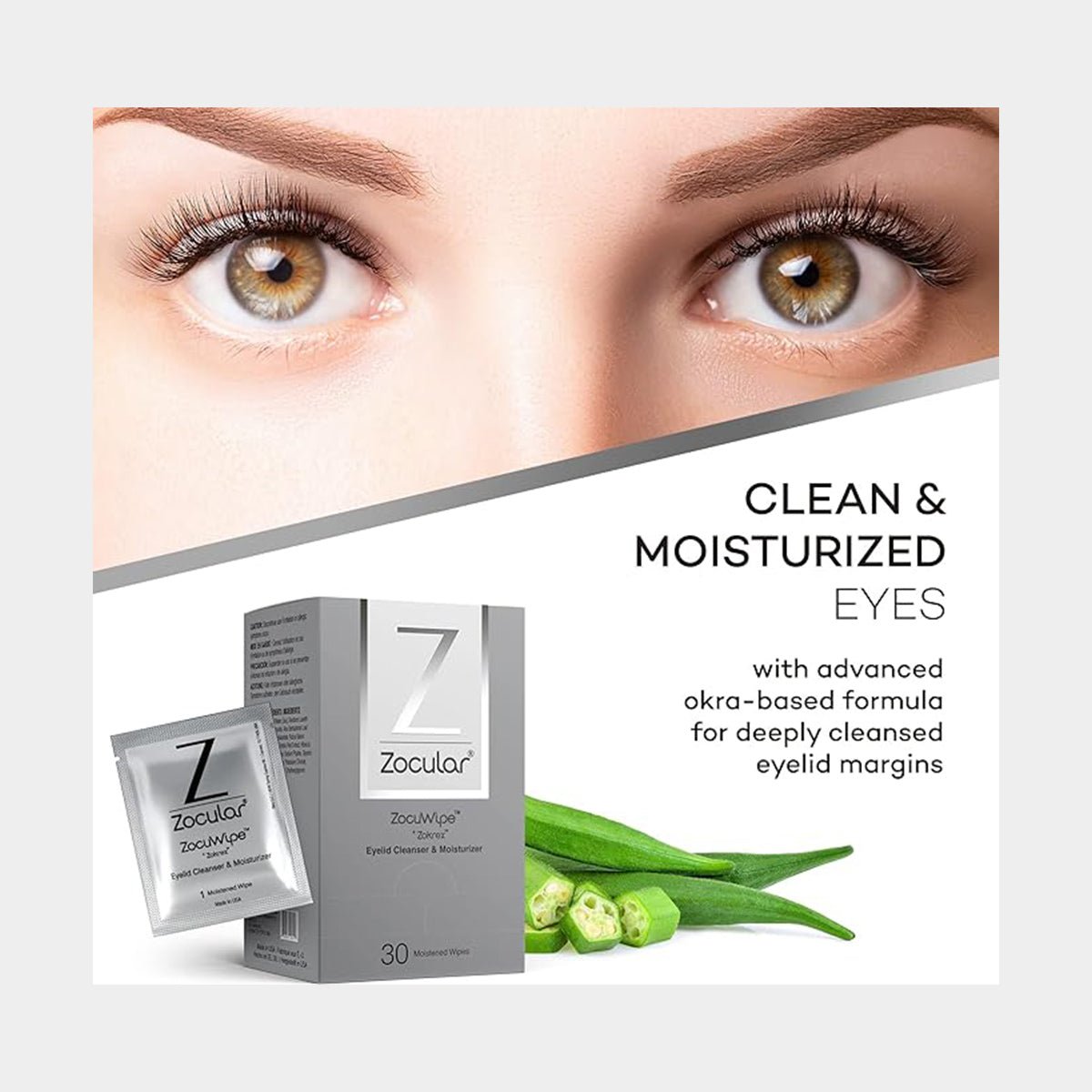 A close-up of a womans eyes showcases a Zocular ZocuWipe 3-pack Eyelid Cleanser package. Text reads: Clean & Moisturized Eyes with the advanced okra-based formula for deeply cleansed eyelid margins. Fresh okra is pictured, offering Okra Advanced Relief for Dry Eyes.