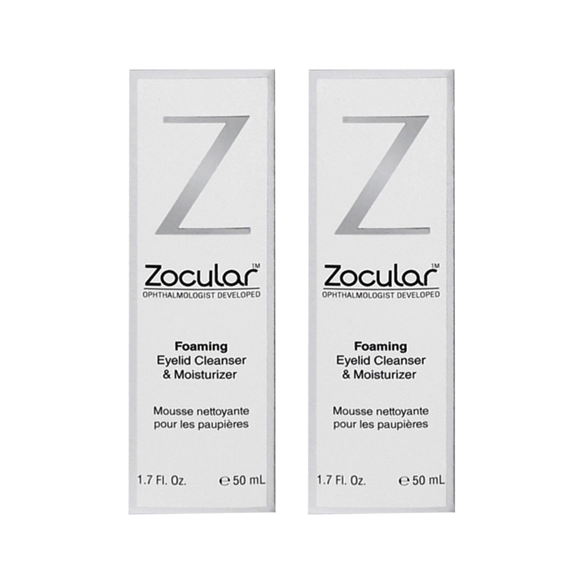 Two rectangular boxes of ZocuFoam 2-Pack Eyelid Cleanser, each 1.7 fl oz (50 ml), feature a large Z and product details in English and French. Infused with an okra-based complex, it effectively soothes dry eyes for 4-6 months.