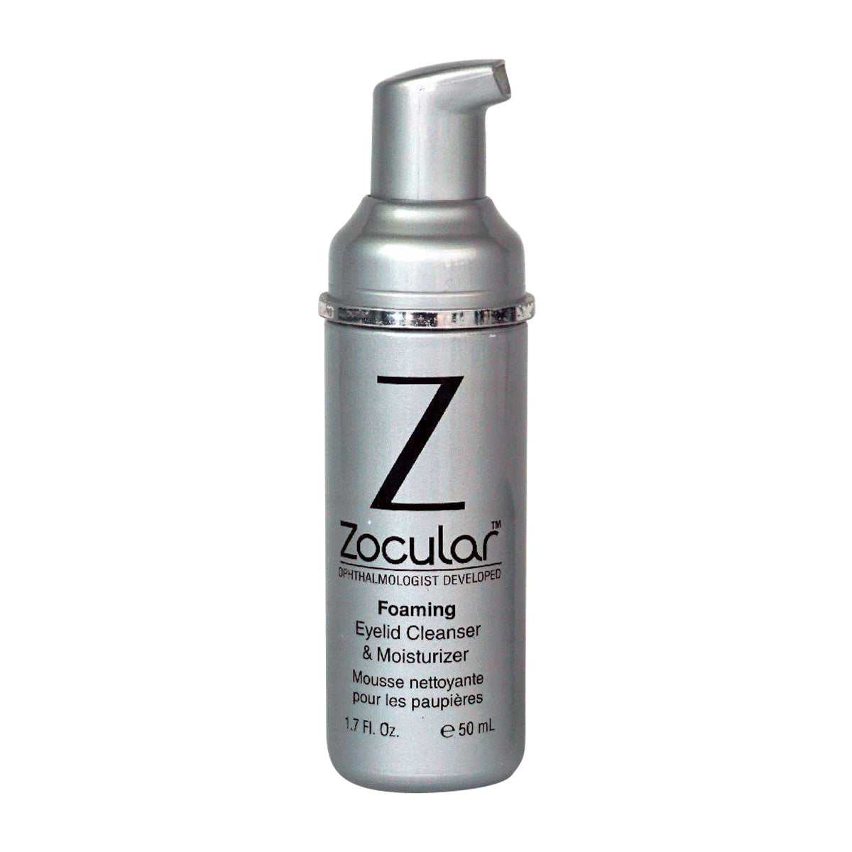 The sleek silver ZocuFoam Eyelid Cleanser from Zocular has a convenient pump top and offers a unique ophthalmologist-developed okra-based complex for dry eye relief. The bilingual label (English/French) adorns a 1.7 fl. oz. (50 ml) bottle, providing a three-month supply.