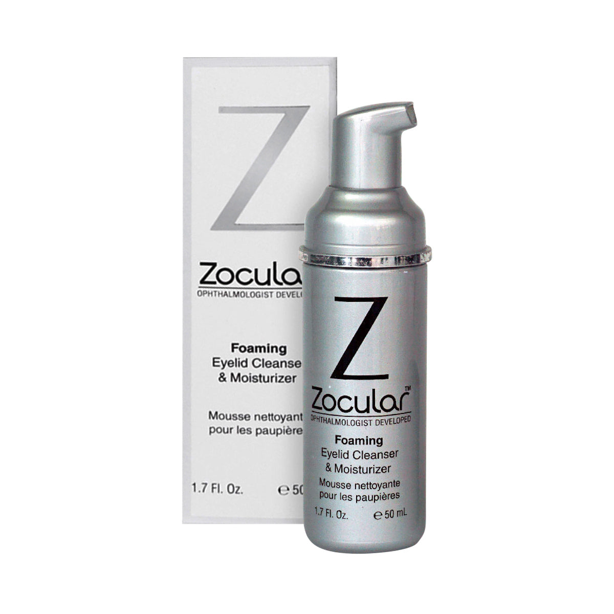 A silver bottle of Zoculars ZocuFoam Eyelid Cleanser Foam and Moisturizer (3 Month Supply) with a pump dispenser displays details in black text. It features an okra-based complex for dry eyes relief, standing before its primarily white box with consistent branding.