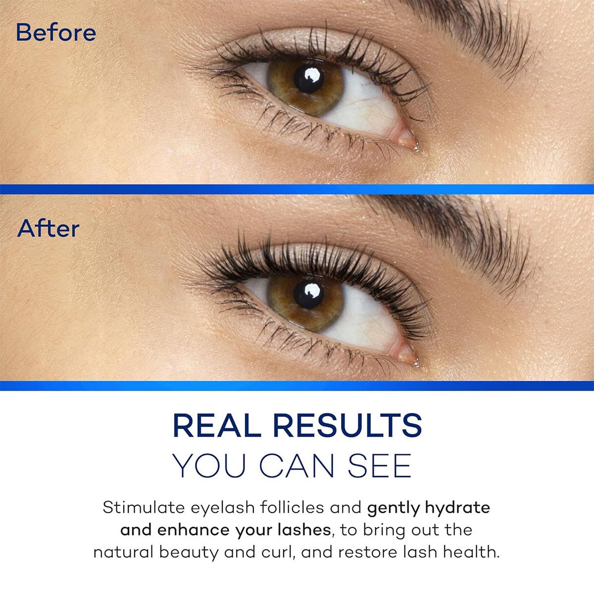 Close-up of an eye displaying Before and After effects with ZocuLash Eyelash Enhancing Serum (2.5mL) by Zocular. The After image shows longer, fuller lashes with the Tripeptide Lash Complex. Text reads: Real results you can see, emphasizing benefits like hydration, enhanced curl, and restored lash health.