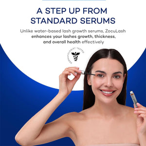 A smiling woman applies Zoculars 2.5mL ZocuLash Eyelash Enhancing Serum near her eye against a blue and white background. Text reads: A Step Up From Standard Serums, emphasizing the benefits of its Tripeptide Lash Complex for growth, thickness, and lash health, featuring a dermatologist-tested logo.