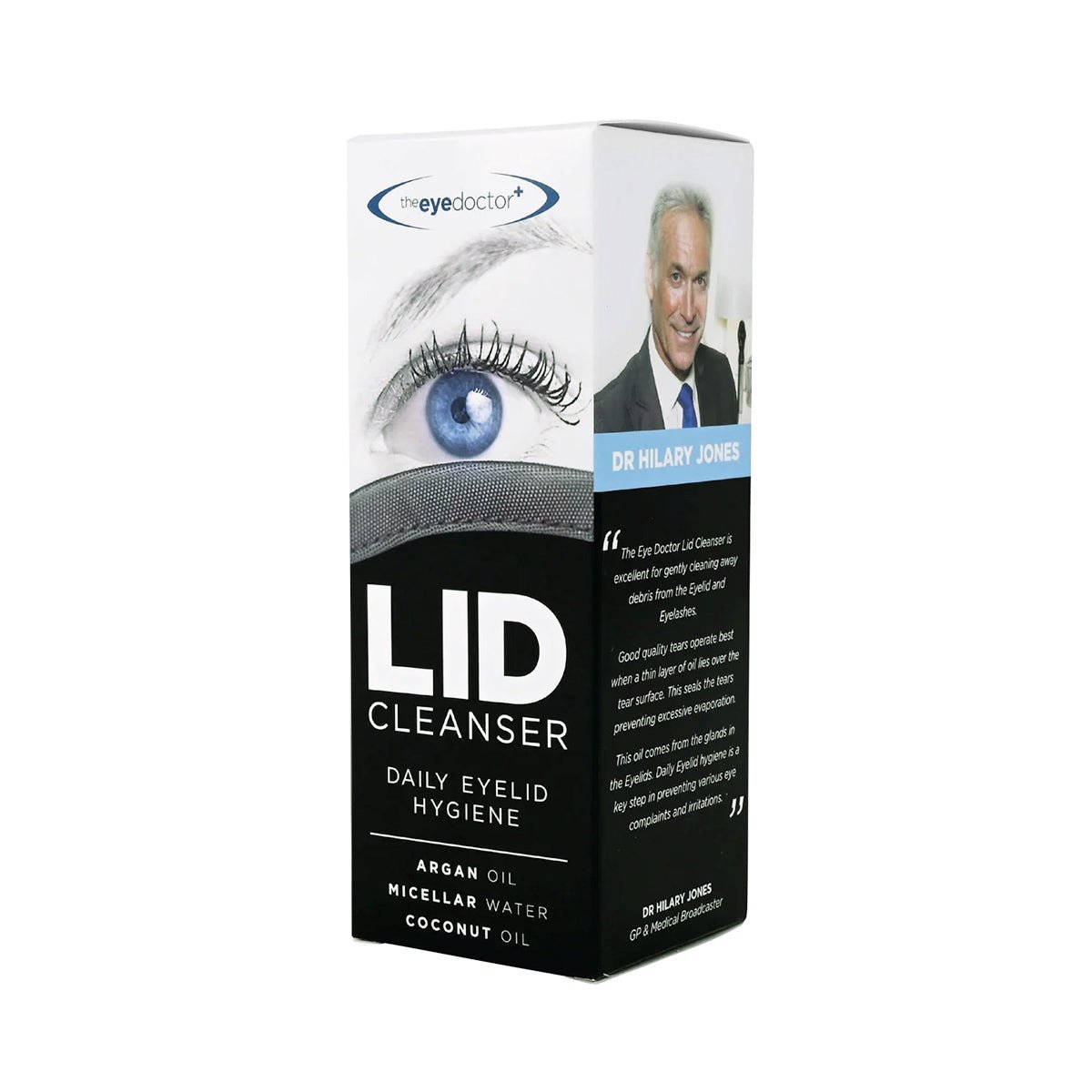 A white box of The Eye Doctor Lid Cleanser – Make Up Remover 100ml showcases a blue eye image for sensitive eyes, featuring ingredients like Argan Oil, Micellar Water, and Coconut Oil. A smiling man in a suit appears on the side with accompanying text.