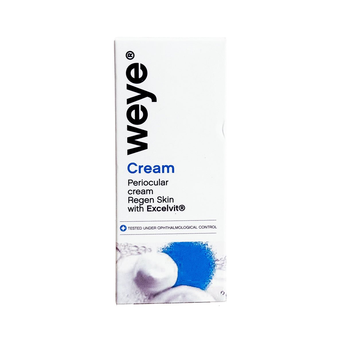 The white box of Weye Regenerating Eye Cream features blue accents and highlights Regen Skin with Excelvit®, confirming it is tested under ophthalmological control. This hydrating cream includes Vitamin E, Vitamin C, and Olive Oil, offering soothing relief for dry eyes, blepharitis, and ocular rosacea.